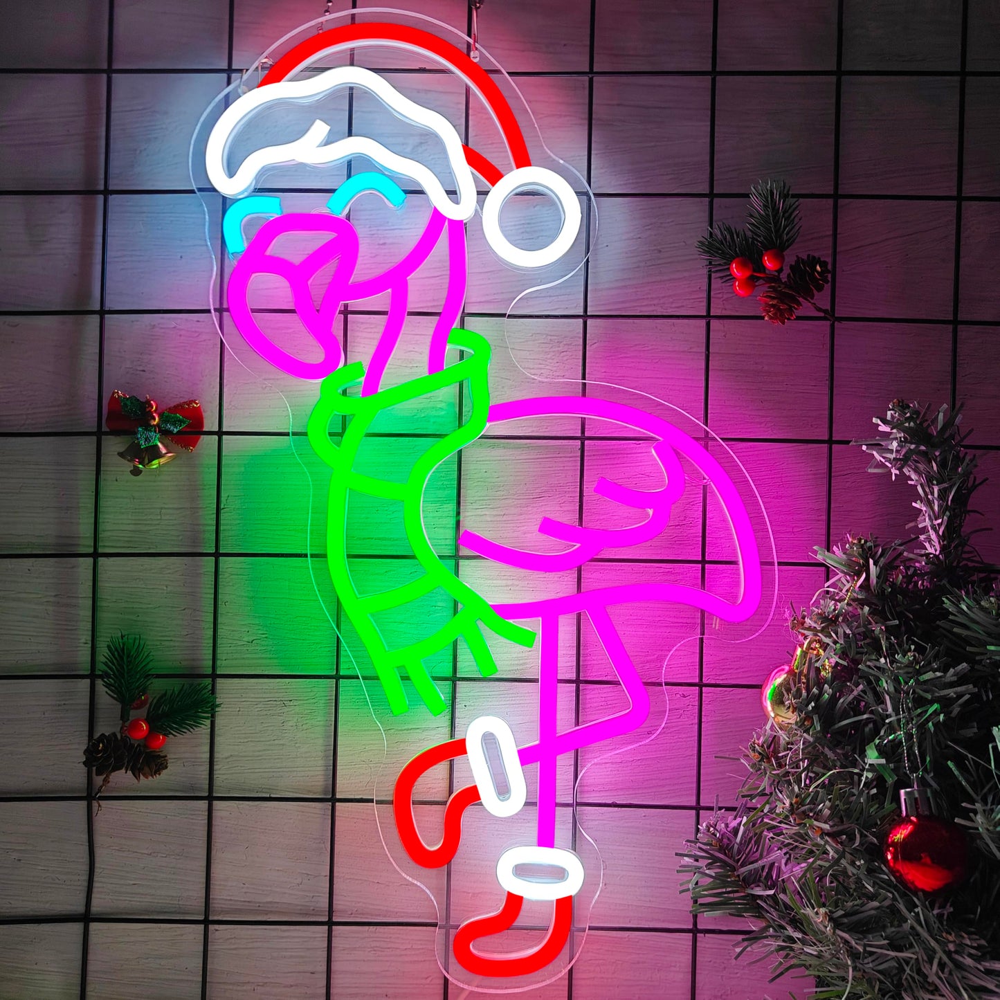 hhuohuona Christmas Flamingo Neon Sign Dimmable Pink Flamingo Christmas Led Sign Flamingos With Santa Hat & Scarf & Stockings Neon Light Tropical Coastal Wall Art Decor
