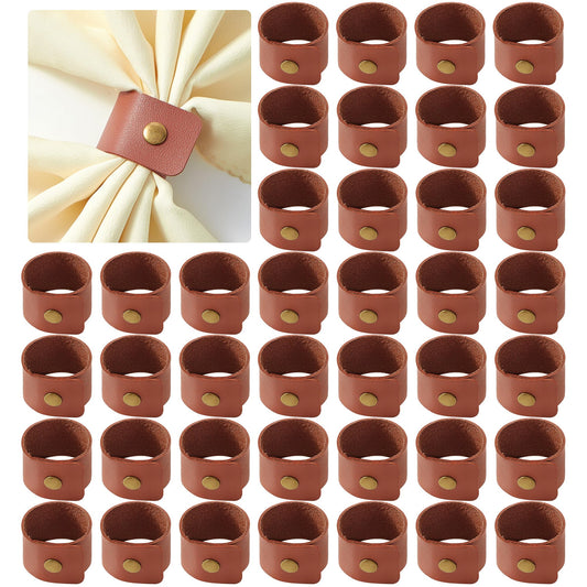 APTWOW 40PCS Leather Napkin Rings, Fall Thanksgiving Napkin Rings Bulk, Brown Vintage Farmhouse Napkin Holder for Wedding Party Birthday Banquet Table Decoration and Daily Use