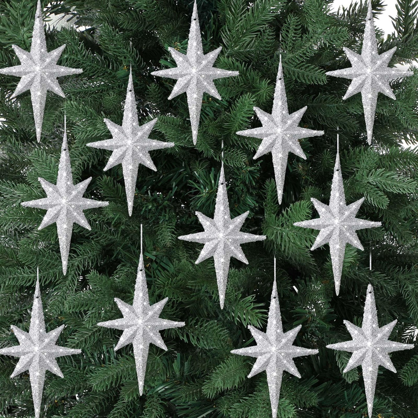 Quzzil 12 Pcs Christmas Bethlehem Star Silver Ornament 4.72 x 2.95 Inch Star of Bethlehem Christmas Tree Topper Glitter Ornament Plastic Nativity Stars Hanging Decor Accessories