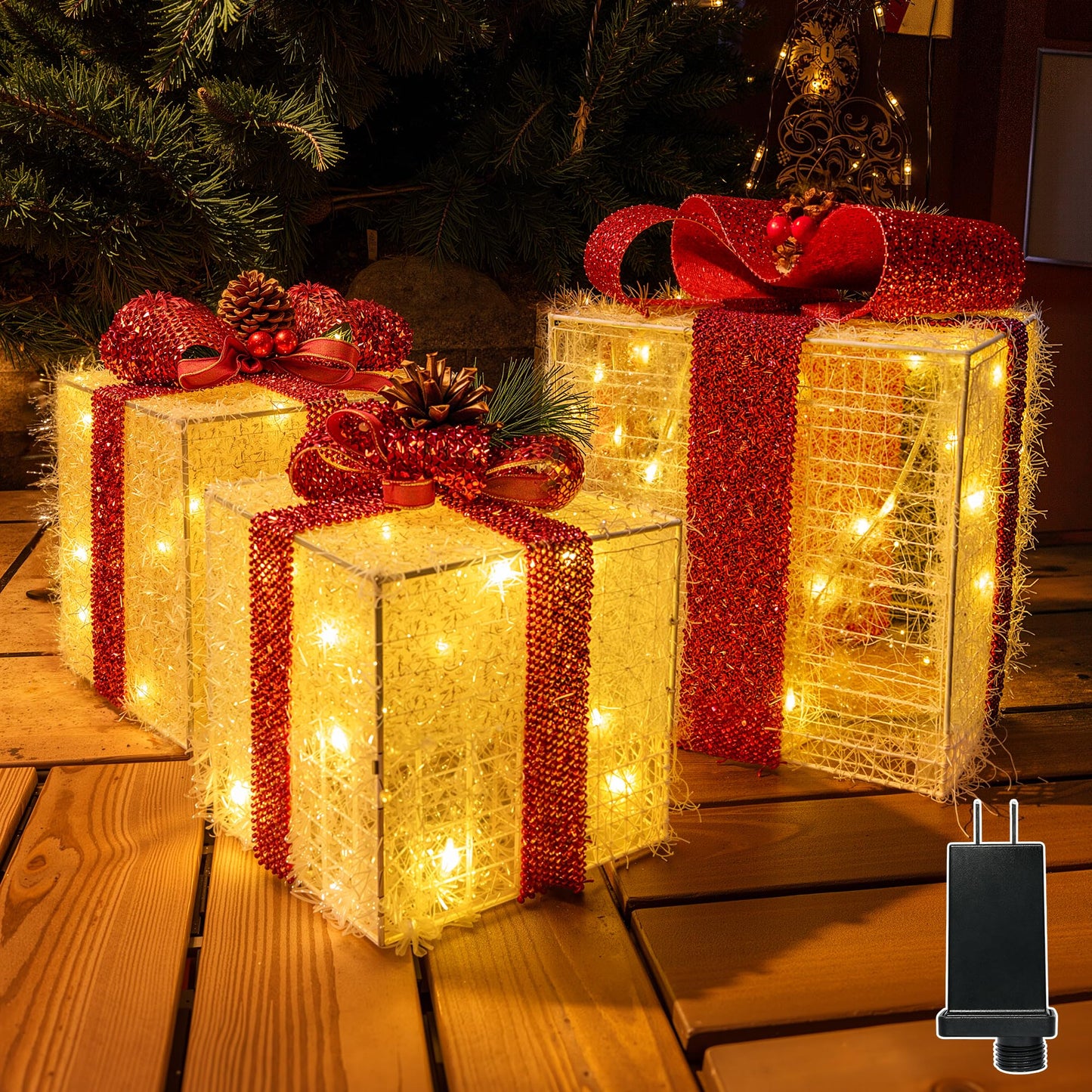 Ccinny Christmas Decorations, Set of 3 Christmas Lighted Gift Boxes, Pre-lit 60 LED Light Up Present Boxes Warm White Xmas Ornaments for Indoor Outdoor Yard Lawn Home Decor (Red Bow)