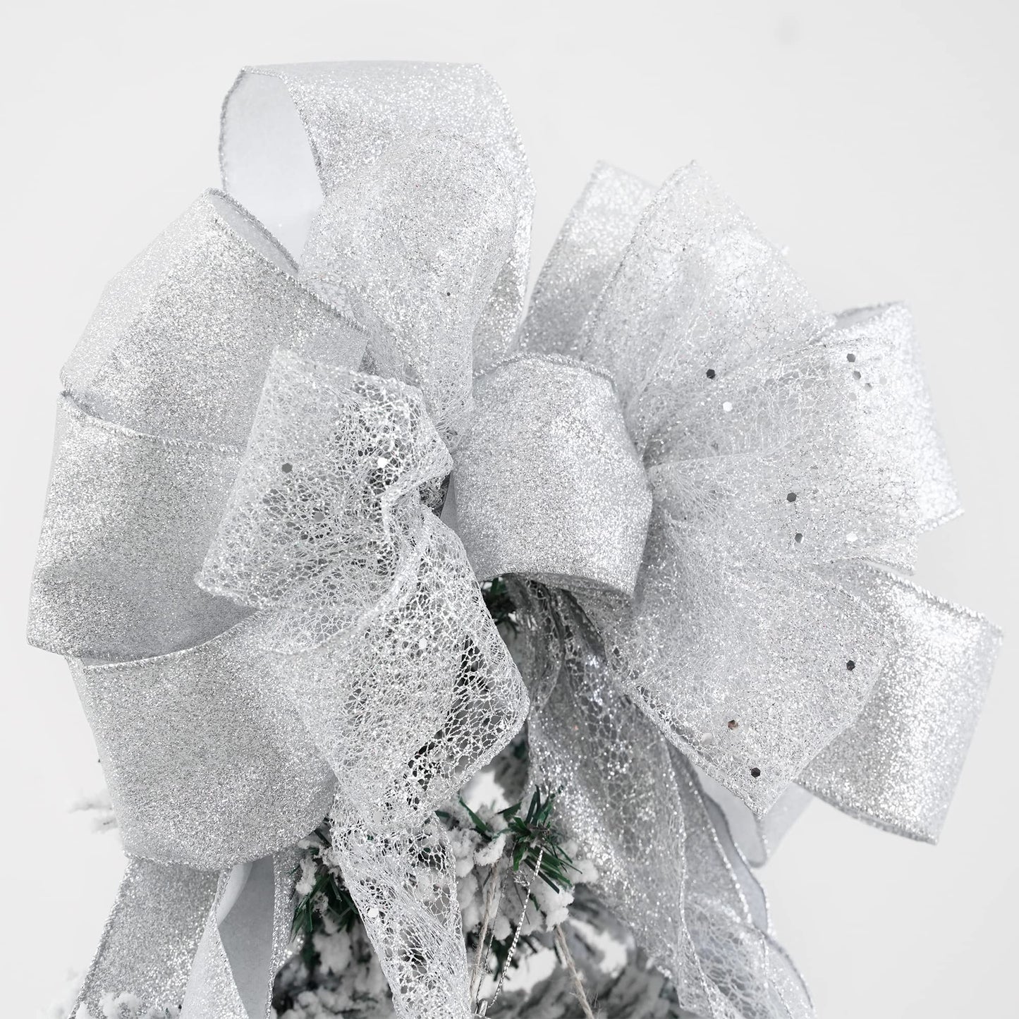 MEEDEE Silver Christmas Tree Topper Silver Glitter Christmas Bows 12" Wide Snowflake Ribbon Bow Silver Christmas Bows Silver Tree Topper Silver Bows for Christmas Tree (1 Pack)