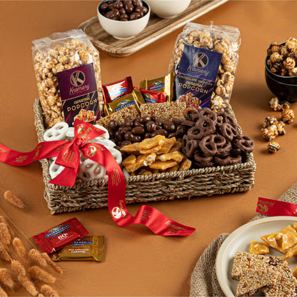 KREMERY Creamy Chocolate Cravings - Chocolate Covered Pretzels & Caramel Popcorn Gift Basket, in Seagrass Tray + Ribbon (Premium, 2.5 lbs) Food Arrangement, Food Assortments USA Made