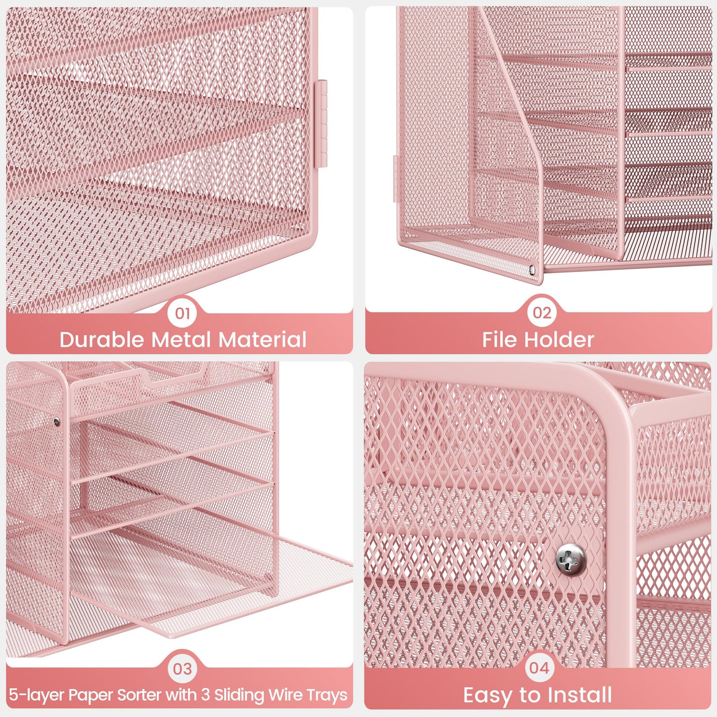 Lavatino Desk Organizer, 5-Tier Metal Mesh Paper Letter Tray with File Holder & 7 Flexible Dividers for Office or Home Desk Organizers and Accessories, Keep Workspace Supplies Neat & Organized, Pink