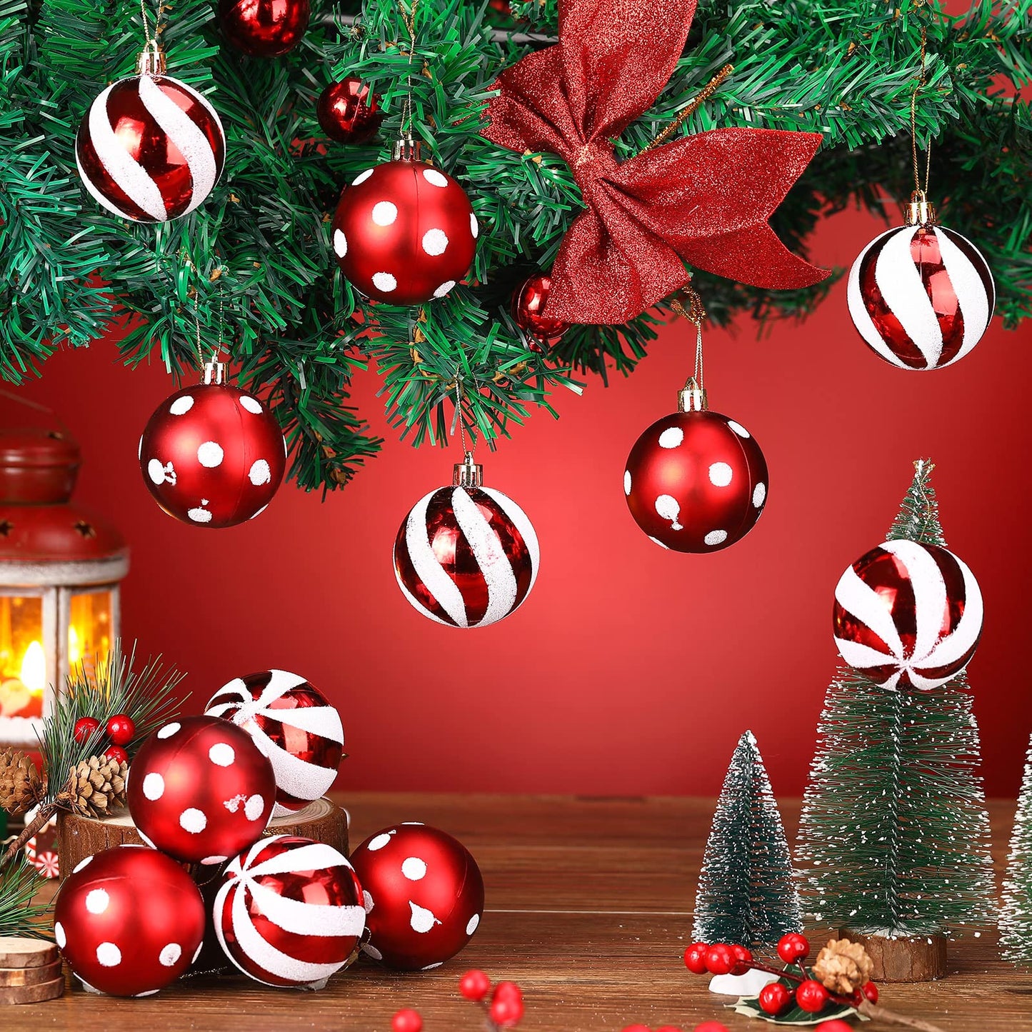 Jetec 12 Pcs Red and White Christmas Balls Ornaments for Tree 2.4 Inch Peppermint Candy Cane Polka Dot Stripes Xmas Bulbs Ornament Shatterproof Bauble Christmas Decorations for Tree Home Wreath Party