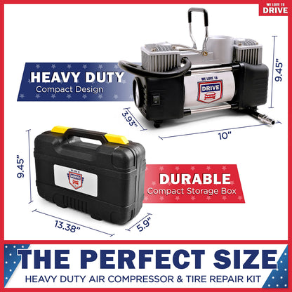 Tire Inflator Portable Air Compressor with Tire Repair Kit – 12V DC Dual Cylinder Air Pump for Car Tires, 150 PSI Tire Pump with Tire Pressure Gauge, Car Emergency Kit, and Cars Accessories Air Pump