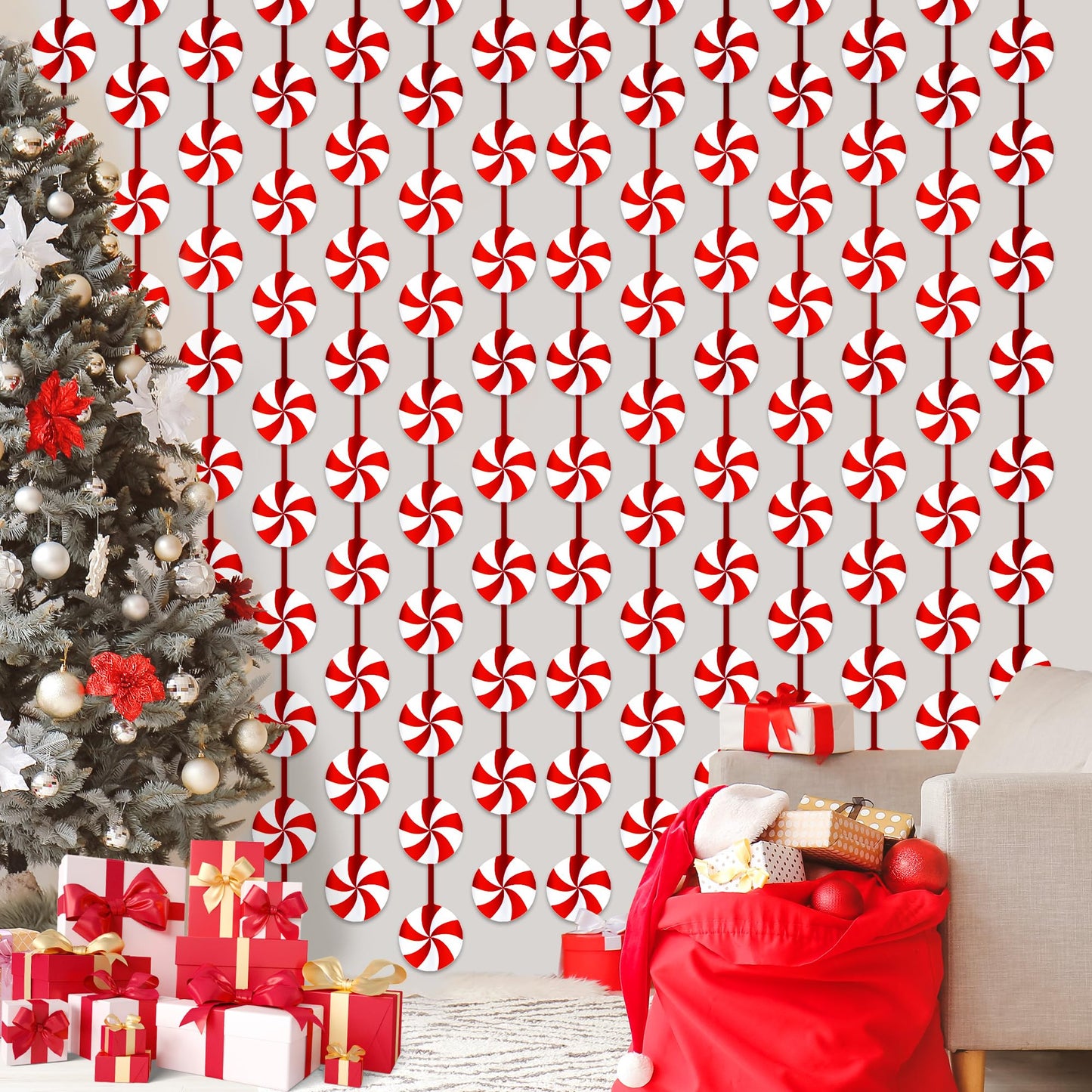 Christmas Party Decorations Candy Cane Foil Fringe Curtains, 2 Pack Red White Christmas Backdrop Photo Booth Prop Streamers for Ugly Sweater Party Xmas Decorations Indoor, 3.3x6.56Ft