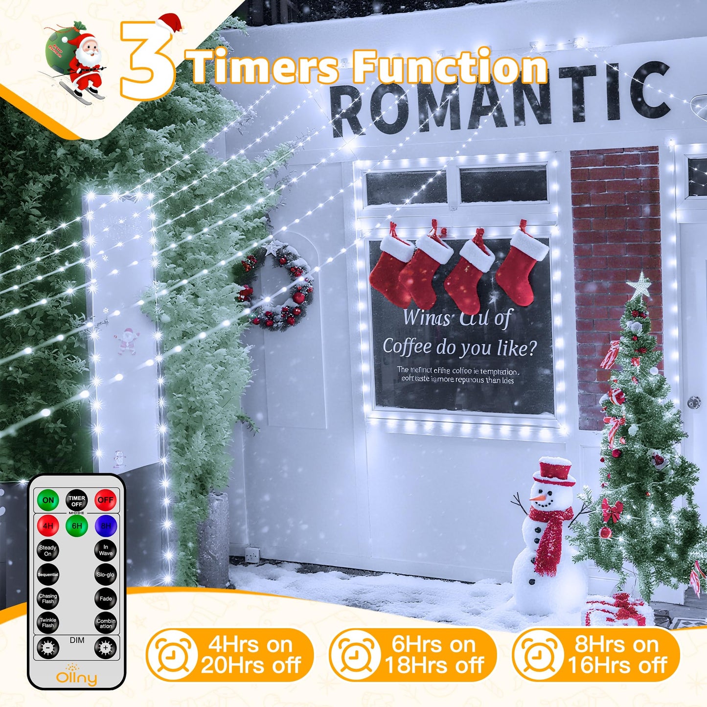 Ollny Christmas Lights Cool White, 600LED 197FT Christmas Tree Lights IP67 Waterproof, Plug in Fairy Lights with Remote 8 Modes Timer, Xmas Light for Outdoor Indoor House Holiday Decor