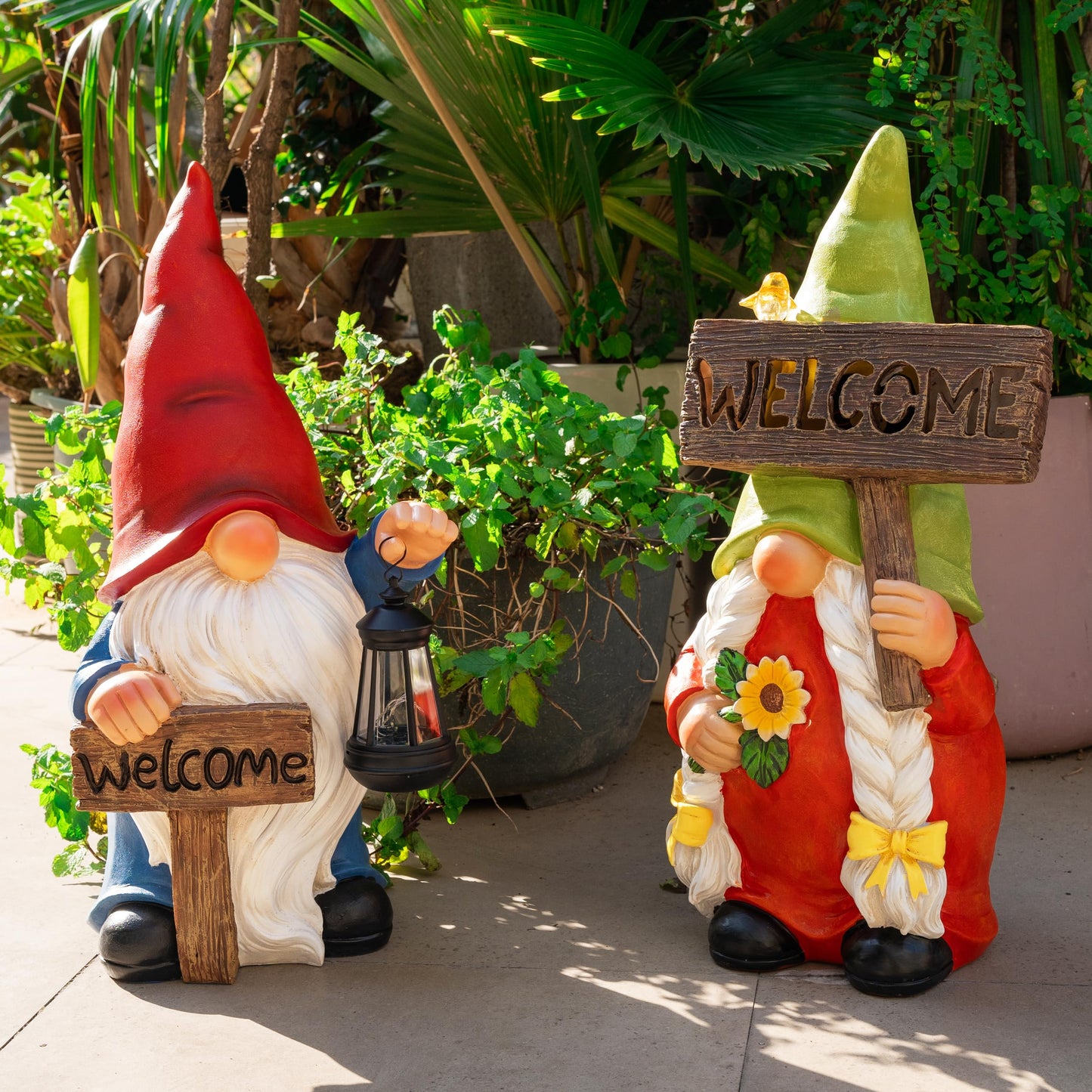 WONDHOME 22" Solar Large Gnome Lady Garden Statue Big Female Gnome with Welcome Sign Outdoor Decor with LED Lights Home Porch Yard Patio Lawn Ornament Christmas Housewarming Gardening Gift