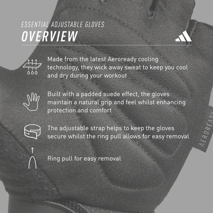 adidas Essential Adjustable Fingerless Gloves for Men and Women - Padded Weight Lifting Gloves - Adjustable Wrist Straps for Tailored, Secure Fit - White, Small