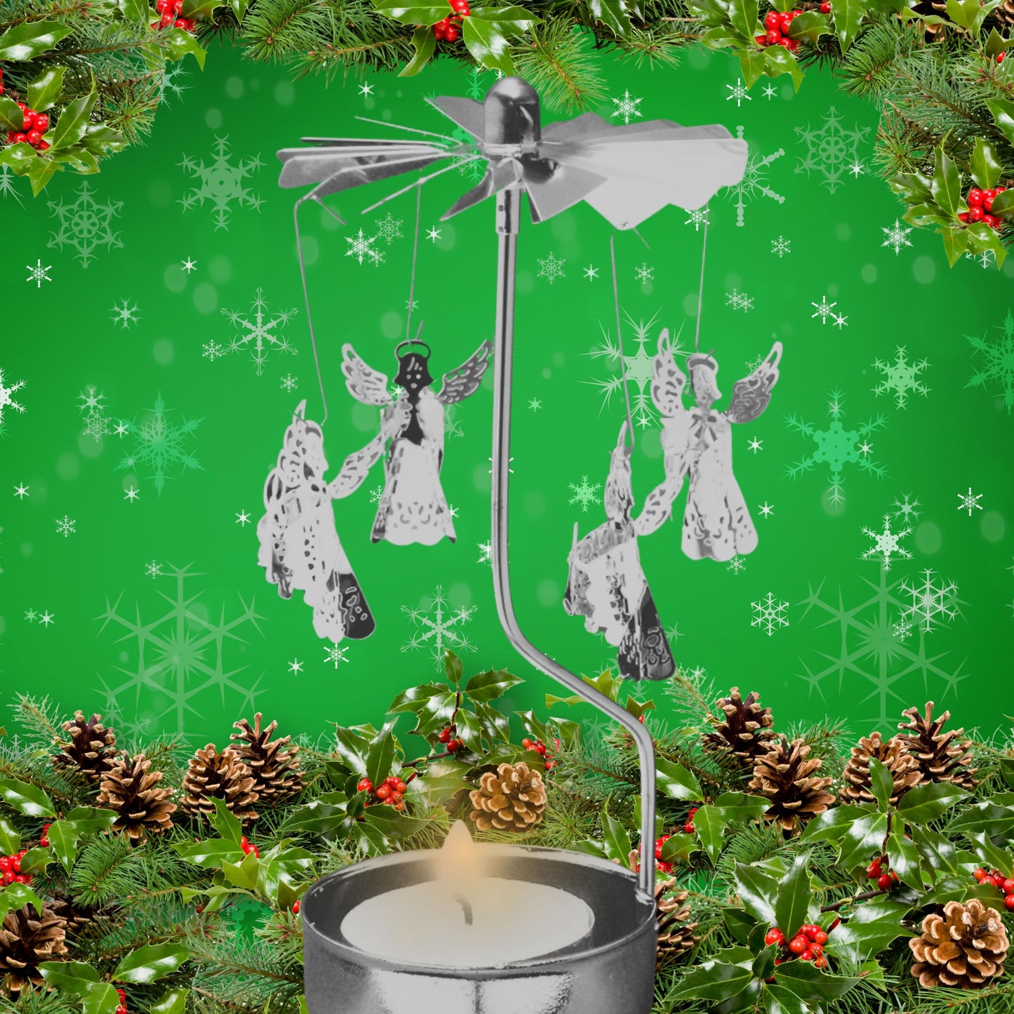 Angel Candle Holder with Flameless LED Tea Light Candle, Silver Scandinavian Angel Design, Christmas Candle Decoration, Winter Table Centerpiece, Holiday Home Décor, 6 Inch Tall