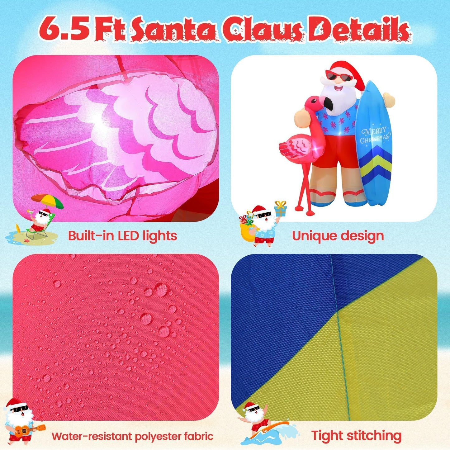 Vivantia Christmas in July Inflatable Summer Christmas Decorations 6.5 Ft Santa Claus Decoration Outdoor with Air Blower LED Lights Blow Up Garden Decor for Summer Christmas Beach Yard Party Supplies