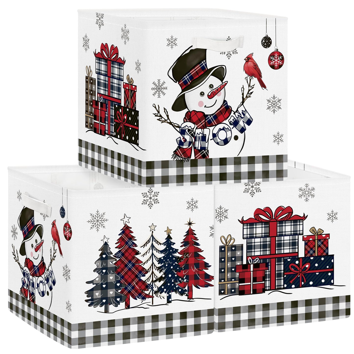Clastyle 3 Pcs Large Christmas Tree Storage Basket Set Santa Claus Candy Snowman Book Toy Basket Snowflake Xmas Gift Storage Bins Boxes for Laundry Nursery Home,Red Black Snowman,11.8x11.8x11.8 in