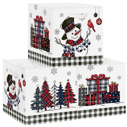 Clastyle 3 Pcs Large Christmas Tree Storage Basket Set Santa Claus Candy Snowman Book Toy Basket Snowflake Xmas Gift Storage Bins Boxes for Laundry Nursery Home,Red Black Snowman,11.8x11.8x11.8 in