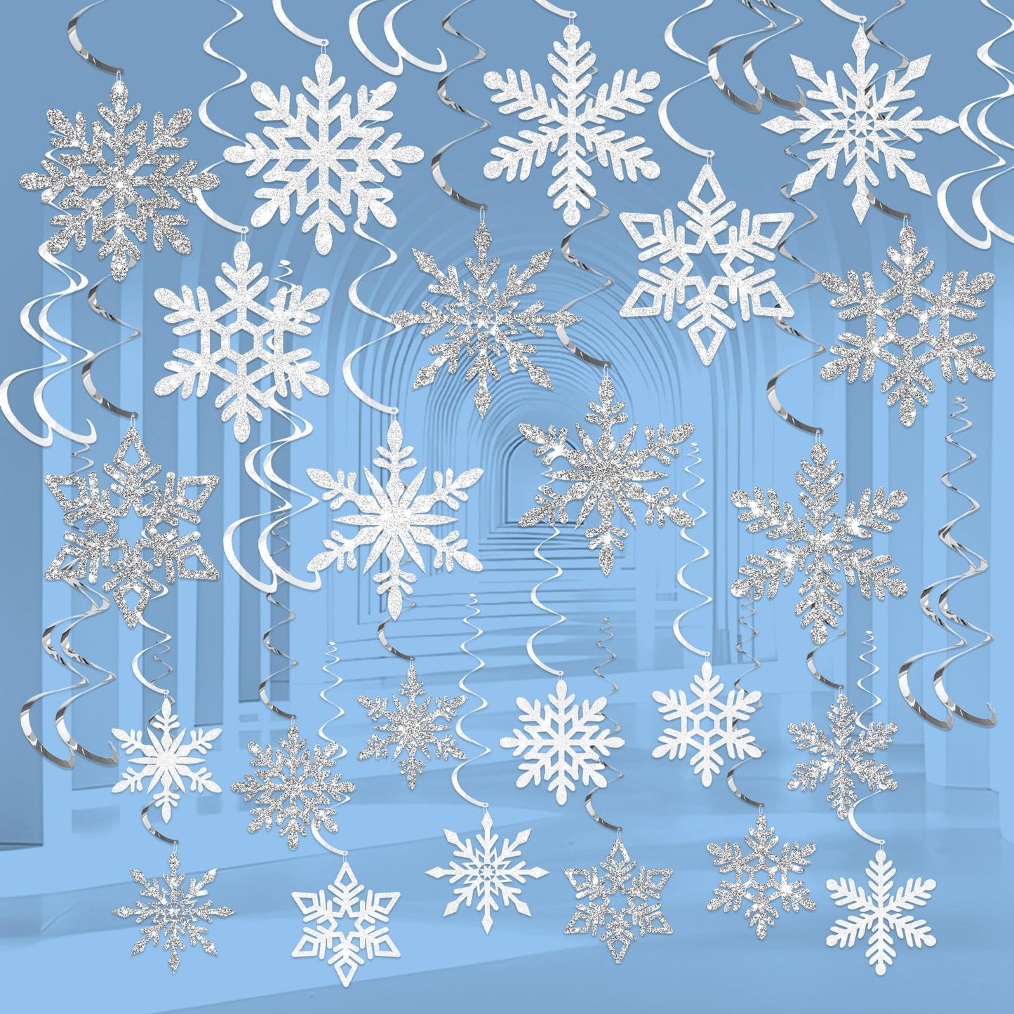 32 PCS Pre-Strung Winter Snowflake Hanging Swirl Decorations White Silver Glitter Snowflakes Hanging Swirls Christmas Snowflake Ceiling Streamers for Winter Wonderland Home Party Supplies