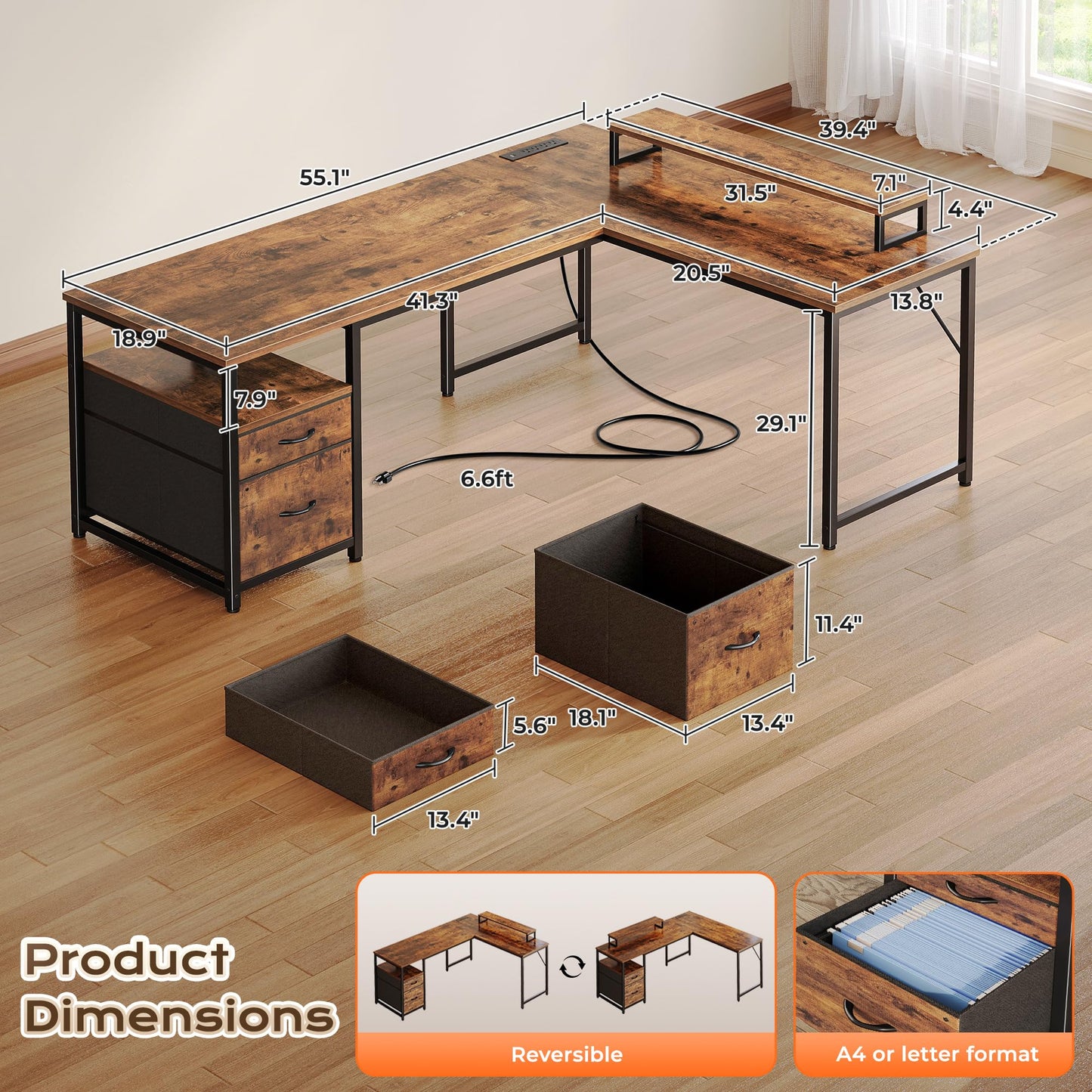 PRAISUN 55 Inch L Shaped Desk with Power Outlets and USB-C Port, Computer Corner Home Office Desk with File Fabric Drawers and Movable Monitor Stand, Larger Storage for Gaming, Study, Rustic Brown
