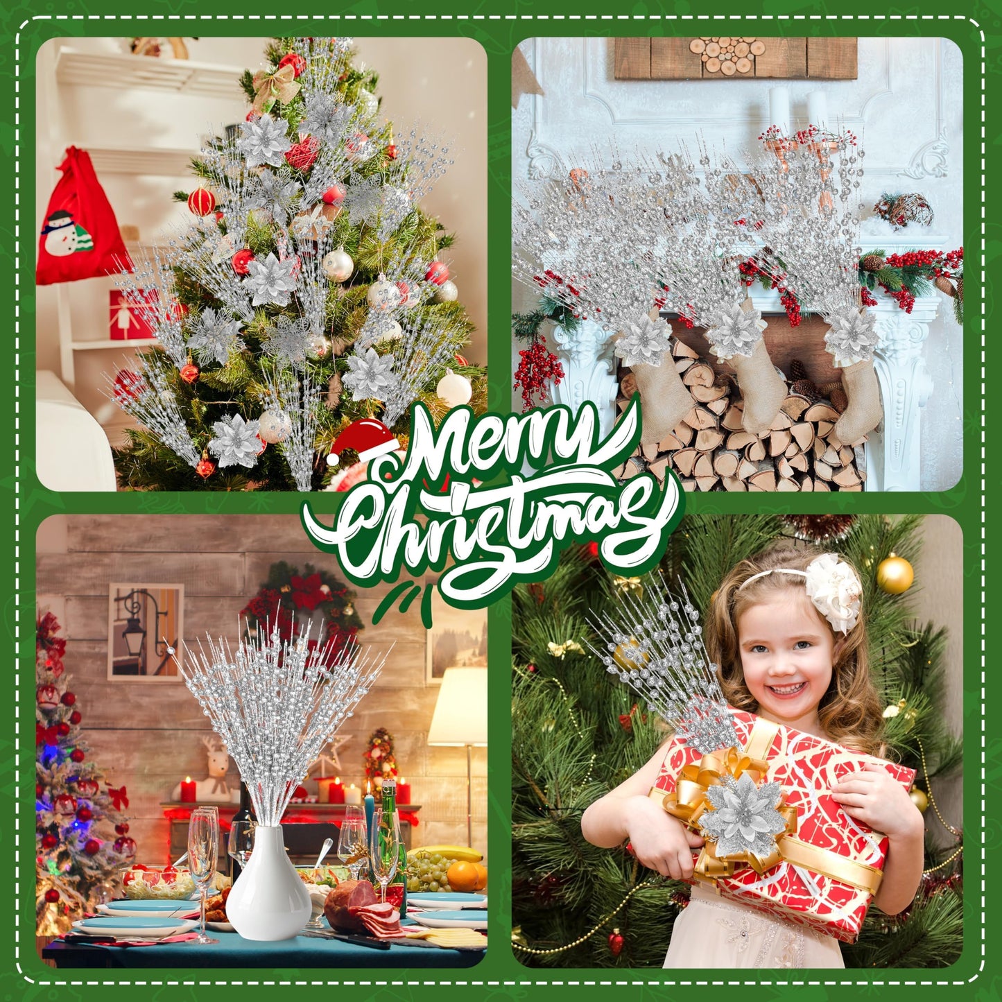 30Pcs Glitter Poinsettia Flowers Berries Stems Ornaments Kit, 24Pcs Artificial Flowers with Clips and 6Pcs Berry Picks Floral Decorations for Christmas Tree Wreath Fireplace Xmas Party Decor (Silver)