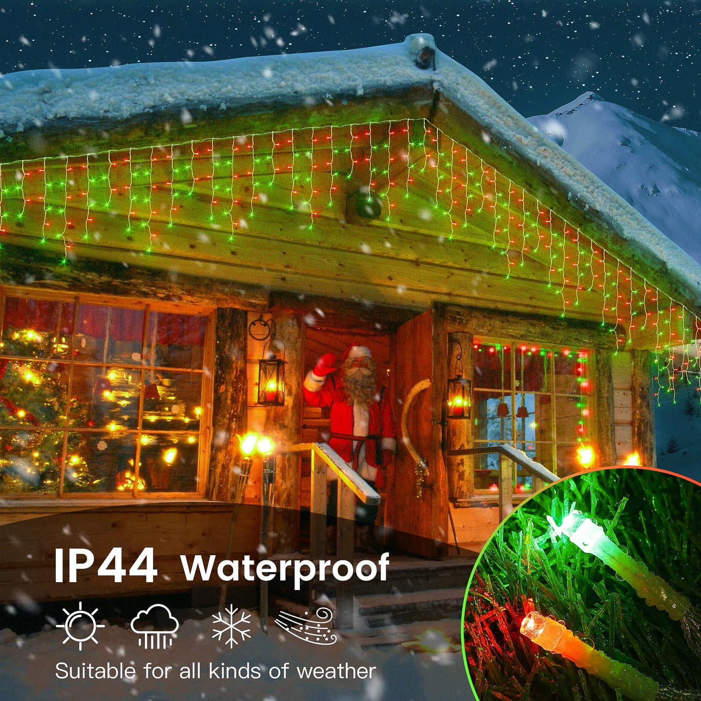 Hopolon 33FT 360L LED Christmas Icicle Lights Outdoor Waterproof,8 Modes Plug in Curtain String Lights with 60 Drops for Wedding, Party, Bedroom, Garden, Home, Wall Decorations(Red Green)