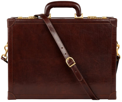 Time Resistance Leather Attache Case - Full Grain Italian Leather Briefcase - Laptop Bag up to 15” - Hard Case with Lock (Brown)
