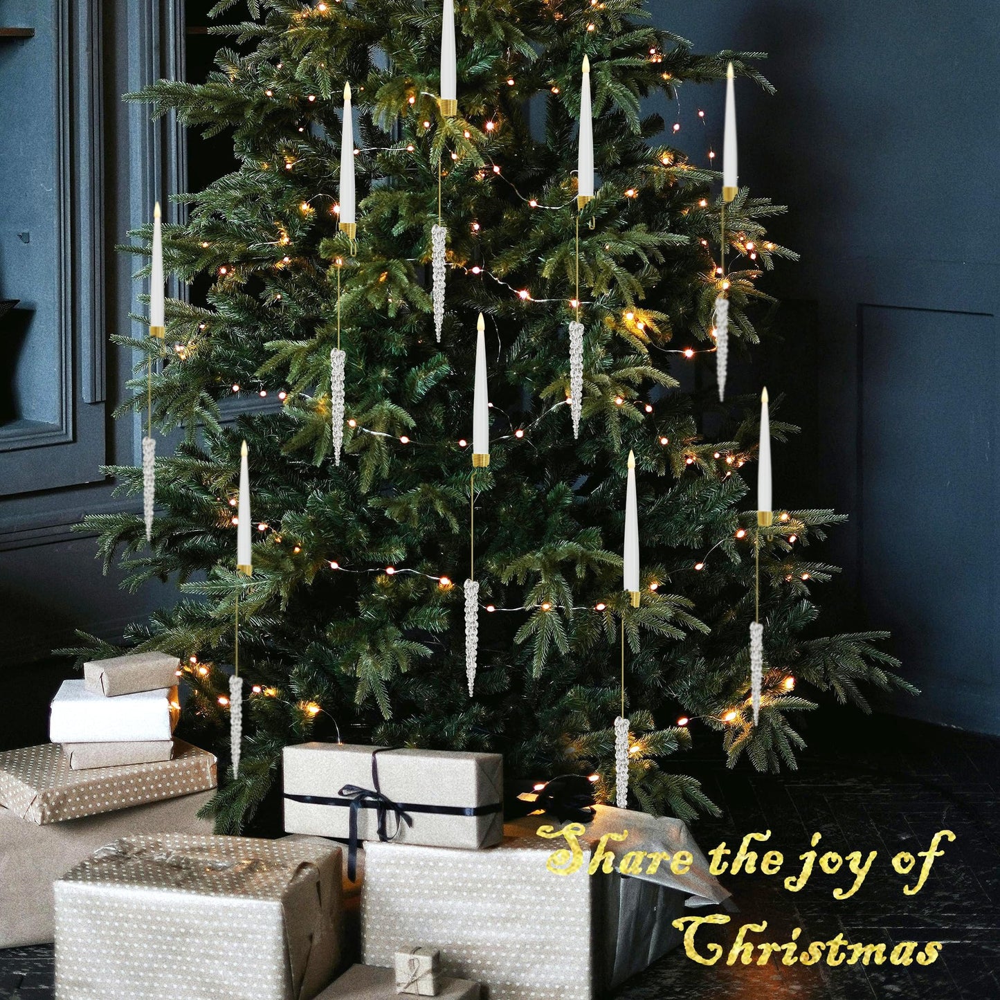 JOIONE Flameless Christmas Tree Candles with Remote, 12 Pack Battery Operated LED Candles for Christmas Tree Flickering Flame for Xmas Indoor Decor - Acrylic Icicles Hook