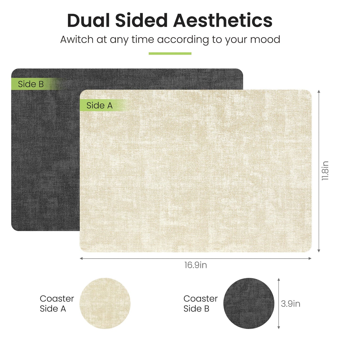 Fyvva Placemats Set of 6, Faux Leather Heat Resistant Wipeable Placemats, Dual Sided Waterproof Washable Table Mats with Coaster, Suitable for Kitchen, Dining, Table Decor (6, Black Beige)