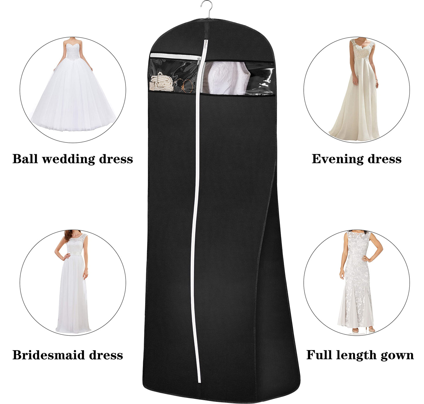 MISSLO 70" Bridal Wedding Gown Dress Garment Bag with Accessories Pouch Large Travel Garment Cover 8" Gusset (Black)