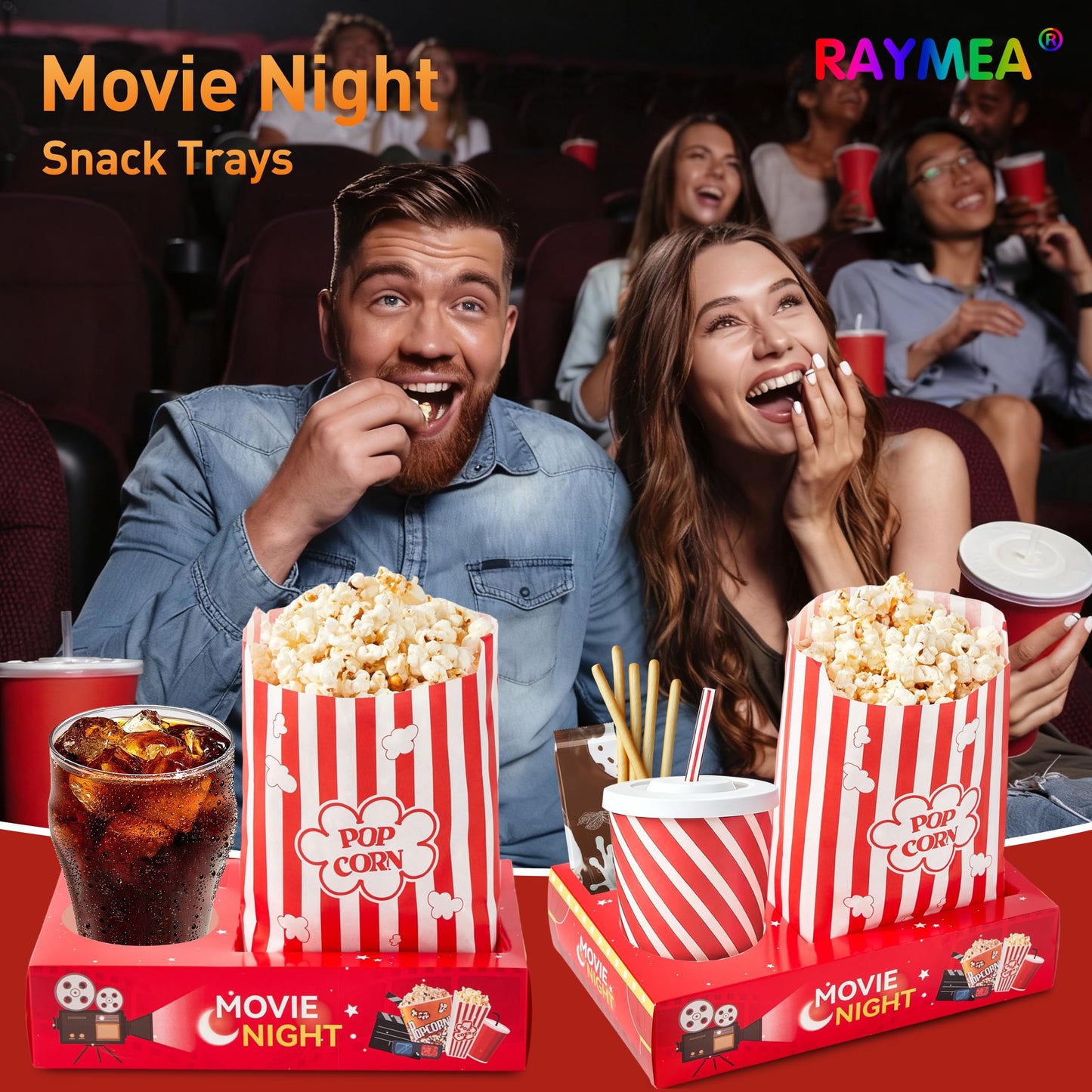 RAYMEA 24Pcs Movie Night Supplies Disposable Paper Movie Snack Trays (12ct) and Retro Style Large Capacity Popcorn Bags(12ct), Drink & Candy Snack Boxes for Cinema Family Birthday Parties