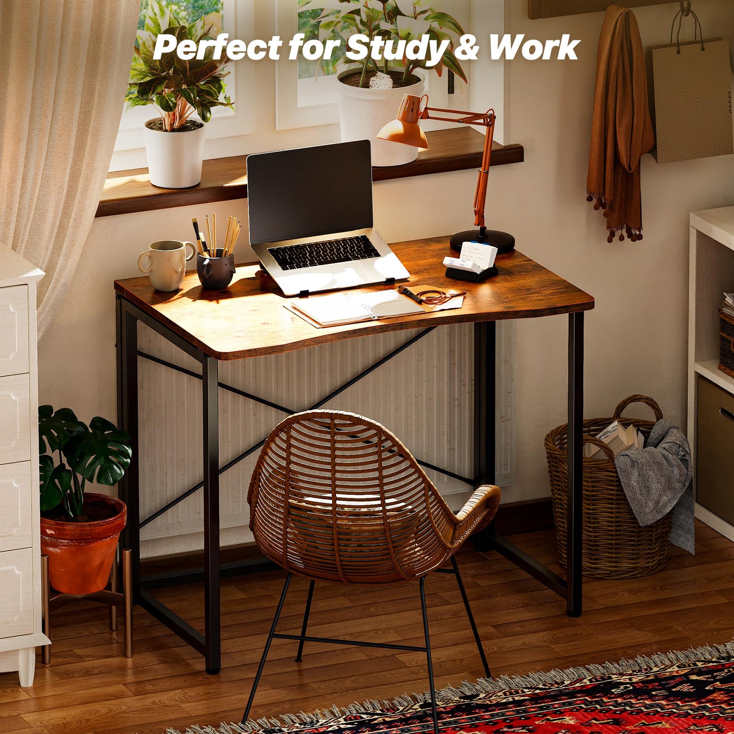 Huuger Folding Desk for Small Spaces, 31.5 Inch Foldable Computer Table, for Home Office, Study, Bedroom, Dorm, Space Saving, Small Writing Work Office Computer Desk, Easy to Fold, Rustic Brown