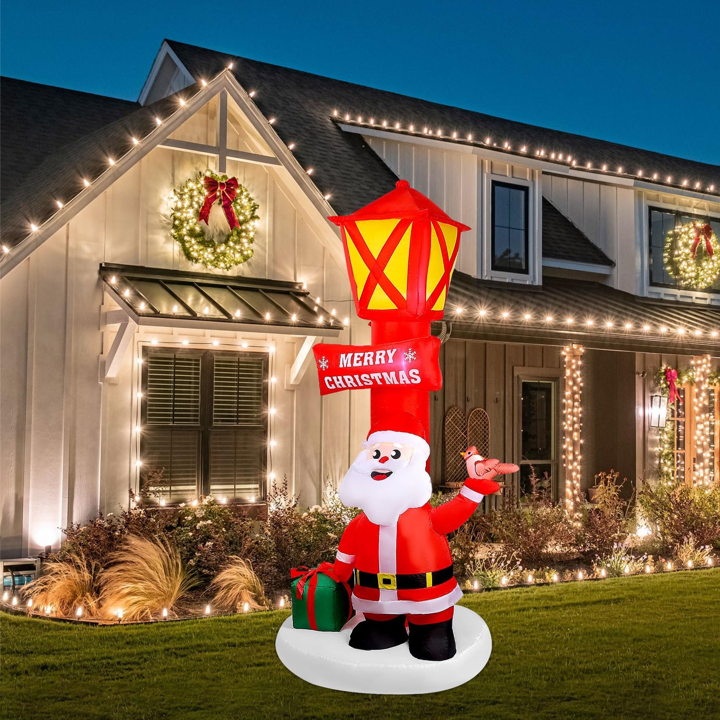 ZaaYee 8FT Christmas Inflatable Yard Decoration, Giant Blow Up Lighthouse with Santa and Redbird with Built-in LED Lights for Front Door Lawn Garden Holiday Display Indoor Outdoor Decor