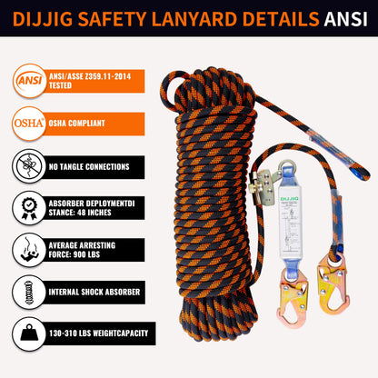 DIJJIG Rope Harness Safety Lanyard 25ft Vertical Roofing Rope With Grab Snap Hooks Shock Absorber Fall Protection Tree Climbing Line Kit Heavy Duty Roof Safety Equipment ANSI CE