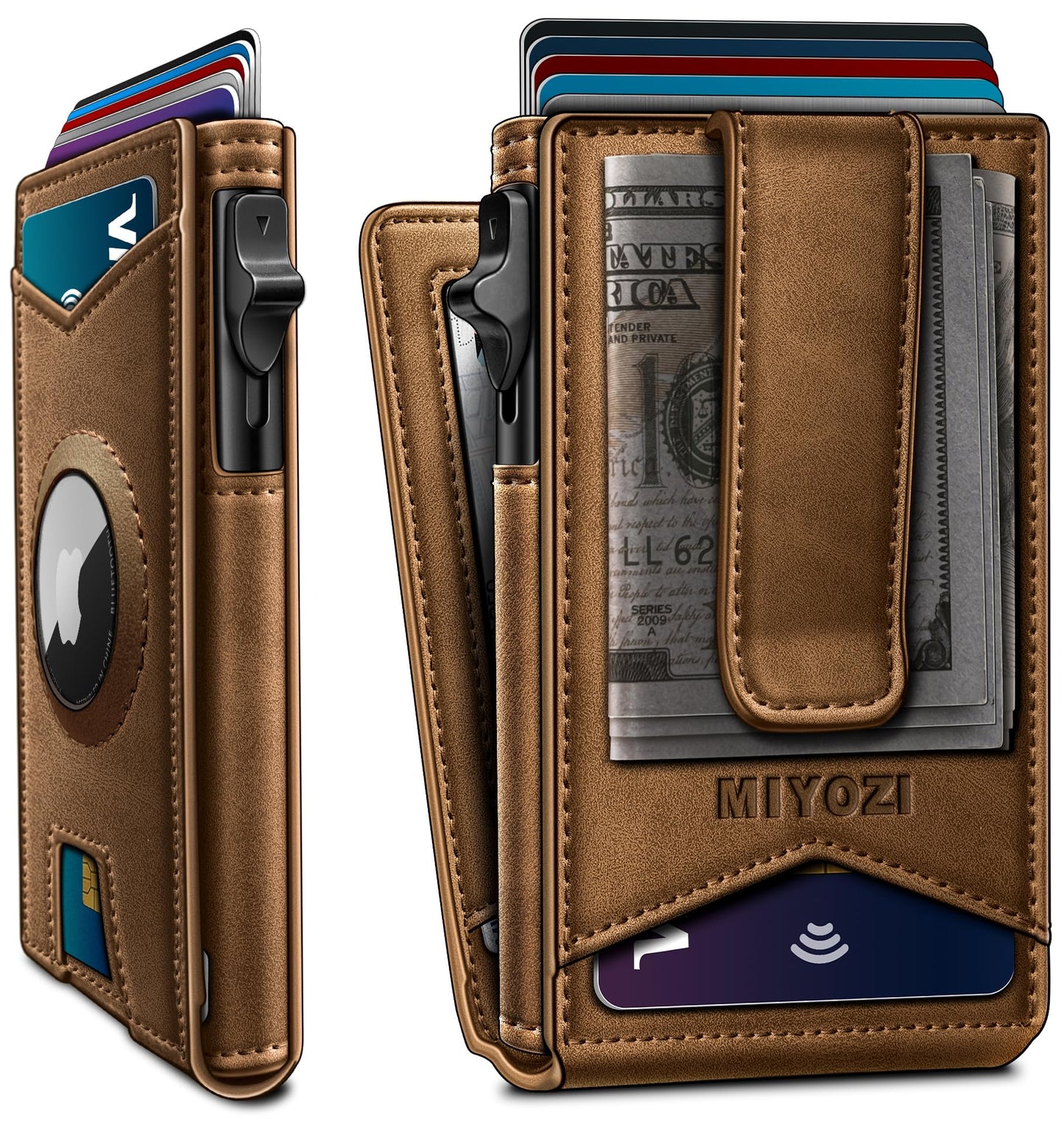 miyozi Airtag Wallet for Men Money Clip 9-Card Pop-Up Credit Card Holder with ID Window RFID Blocking Metal Case Magnetic Closure Front Pocket Wallet Gift Box