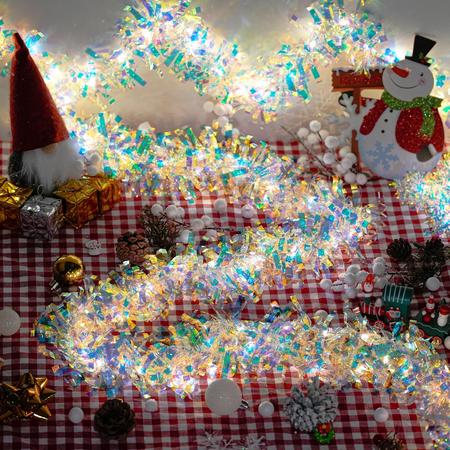 Christmas Garland with Lights, 2 Pack 6.5FT Iridescent Tinsel Garlands Battery Operated, Shiny Streamers Garland New Year Decorations, Garland for Wedding Birthday Holiday New Years Eve Party Supplies