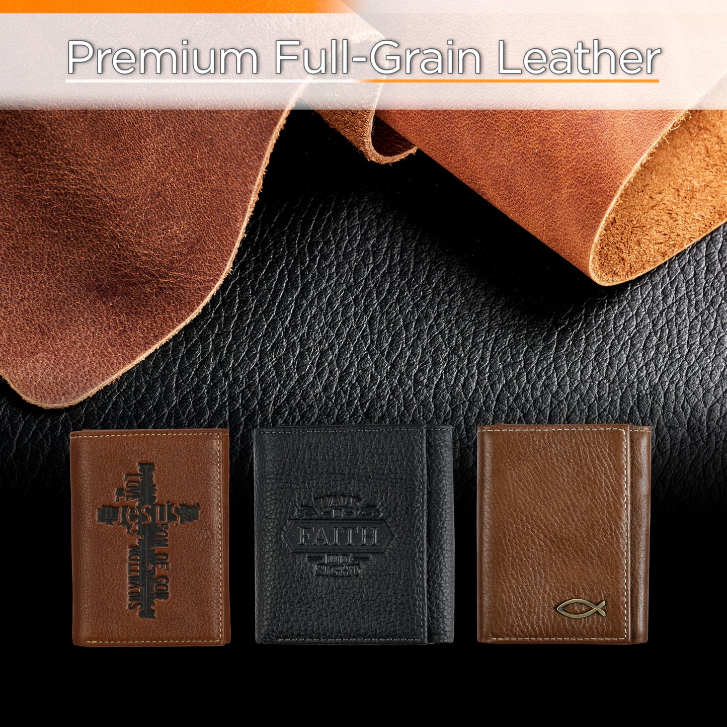 Christian Art Gifts Premium Full Grain Leather RFID Blocking Compact Trifold Wallet for Men, Inspirational Jesus Fish, ID, Credit Card, Cash Storage Accessory, Smooth Brown