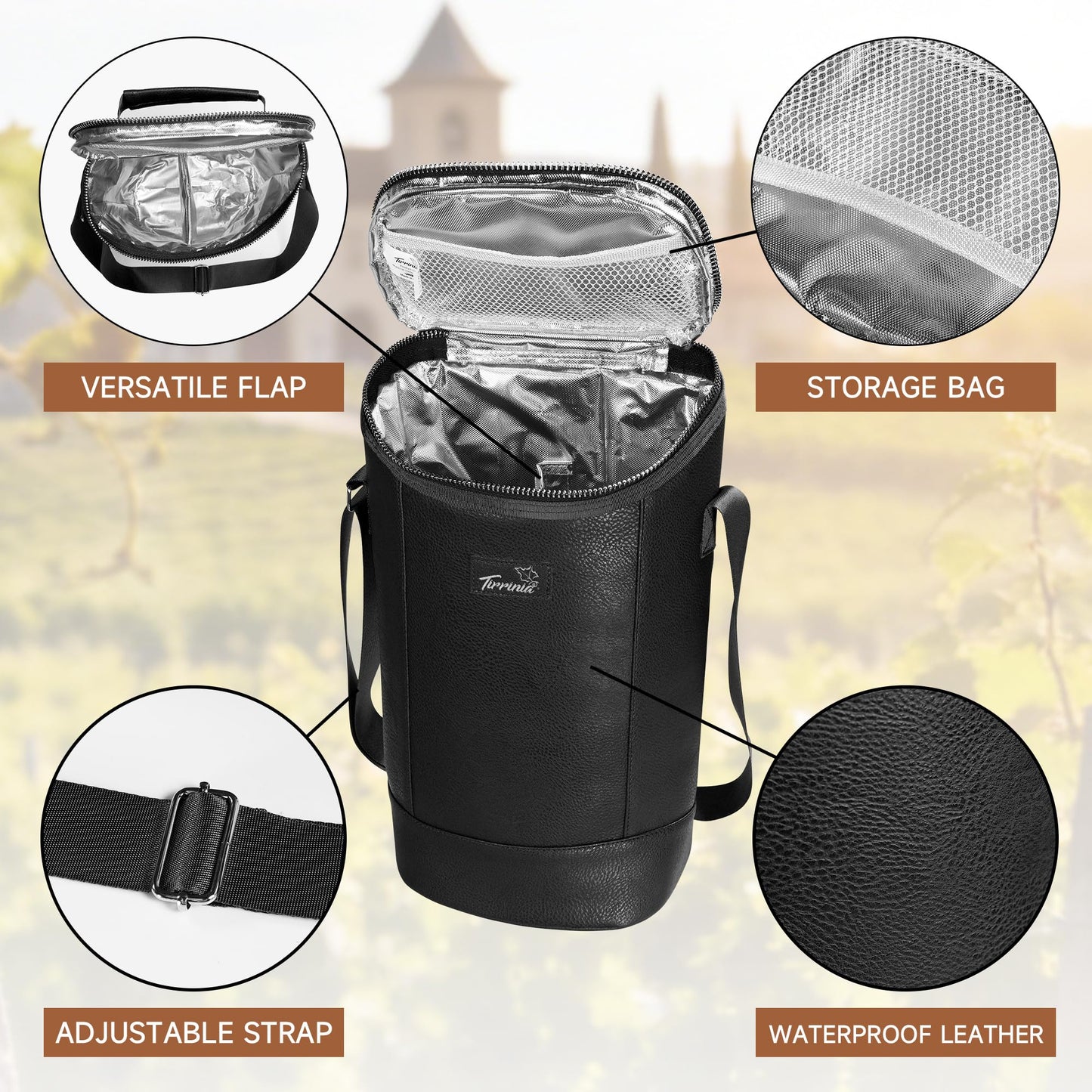 Tirrinia 2 Bottle Wine Carrier Bag, Insulated Wine Tote Cooler Bag with Shoulder Strap, for Travel, Picnic, BYOB & Christmas - Perfect Gift for Wine Lovers, Black