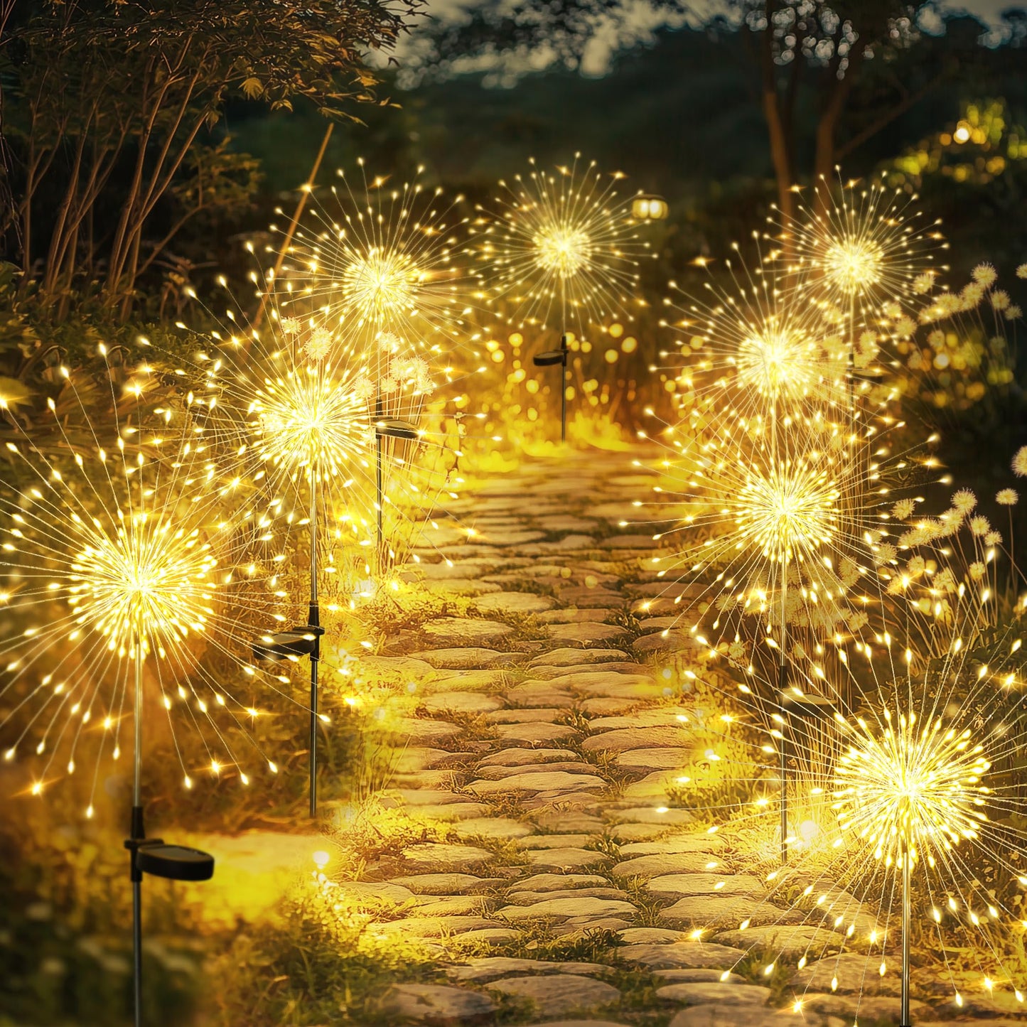 GIGALUMI Garden Decor Outdoor Lights 120LED 8Pack, Solar Garden Lights Outside Fairy Firework Decorative,Solar Powered for Yard Pathway Flowerbed Planter Balcony Patio 4th of July Decor (Warm White
