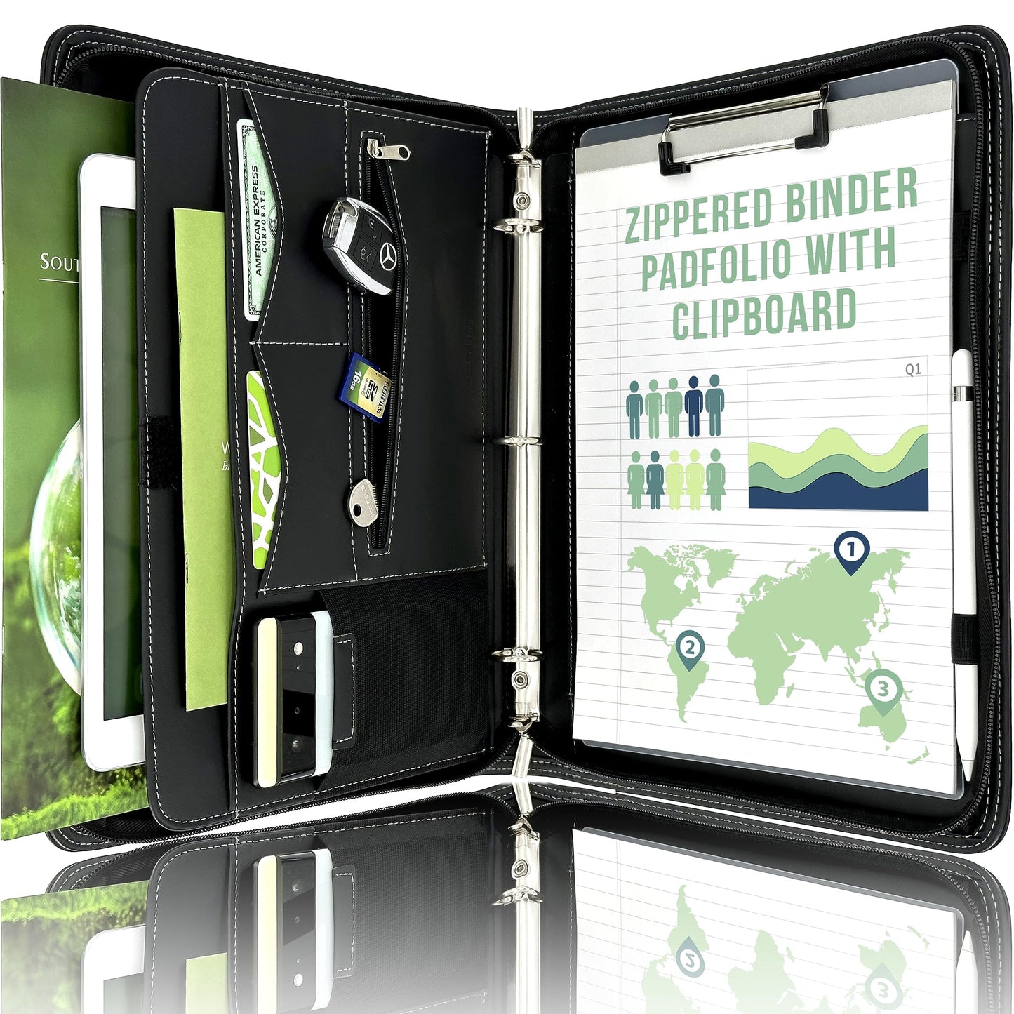 STYLIO Zipper Portfolio Binder | Padfolio 3 Ring Binder (1") and Clipboard Folio (Removable)| Portfolio Organizer for Documents, iPad, Tablet, Phone |Faux Leather Notebook Folio for Men & Women