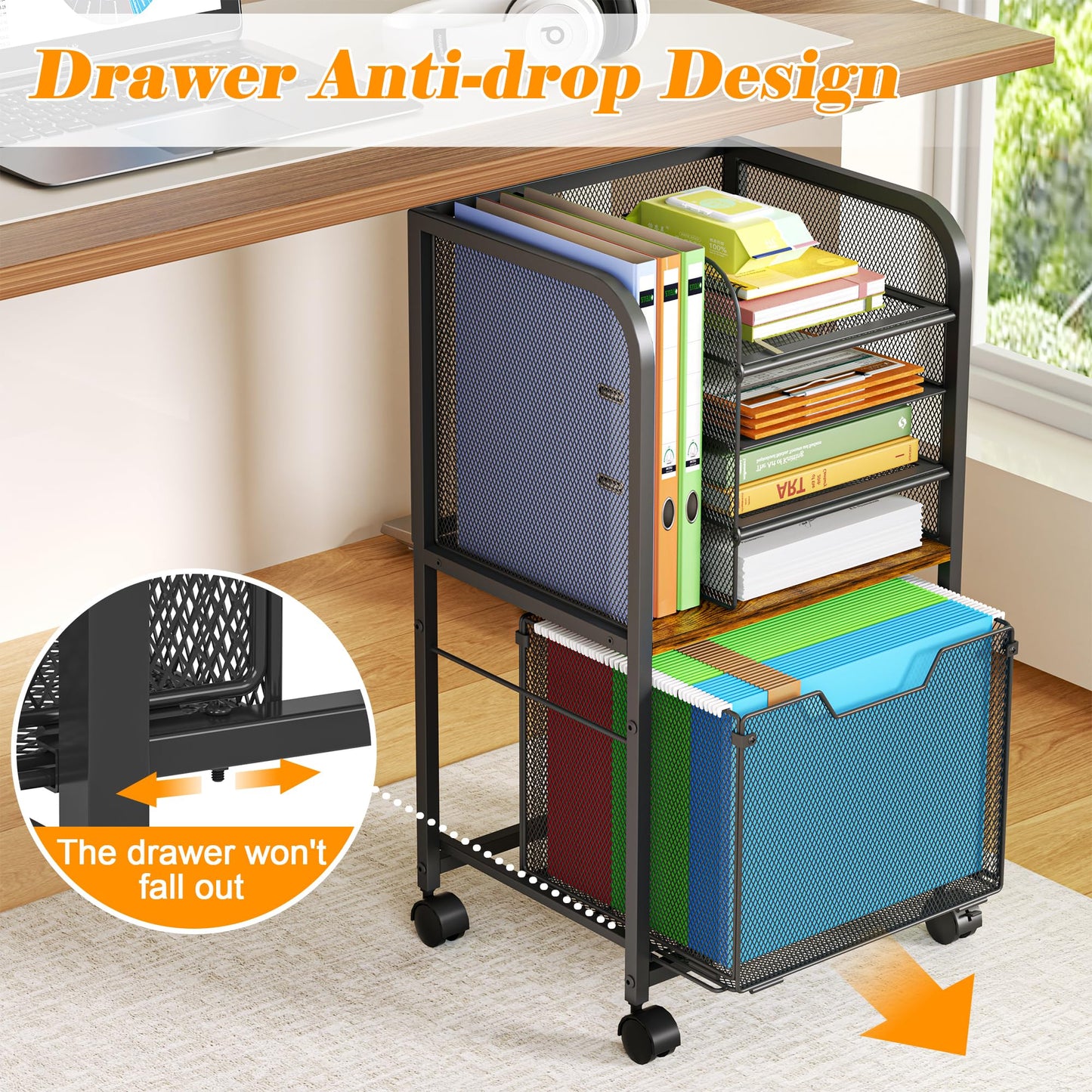 5-Tier Rolling File Cart Under Desk with Drawers, File Cabinet Organizer for Hanging File Folders, Letter-Size File Storage with Wheels, Multi-Layer Mobile Filing Cabinet for Under Desk Storage