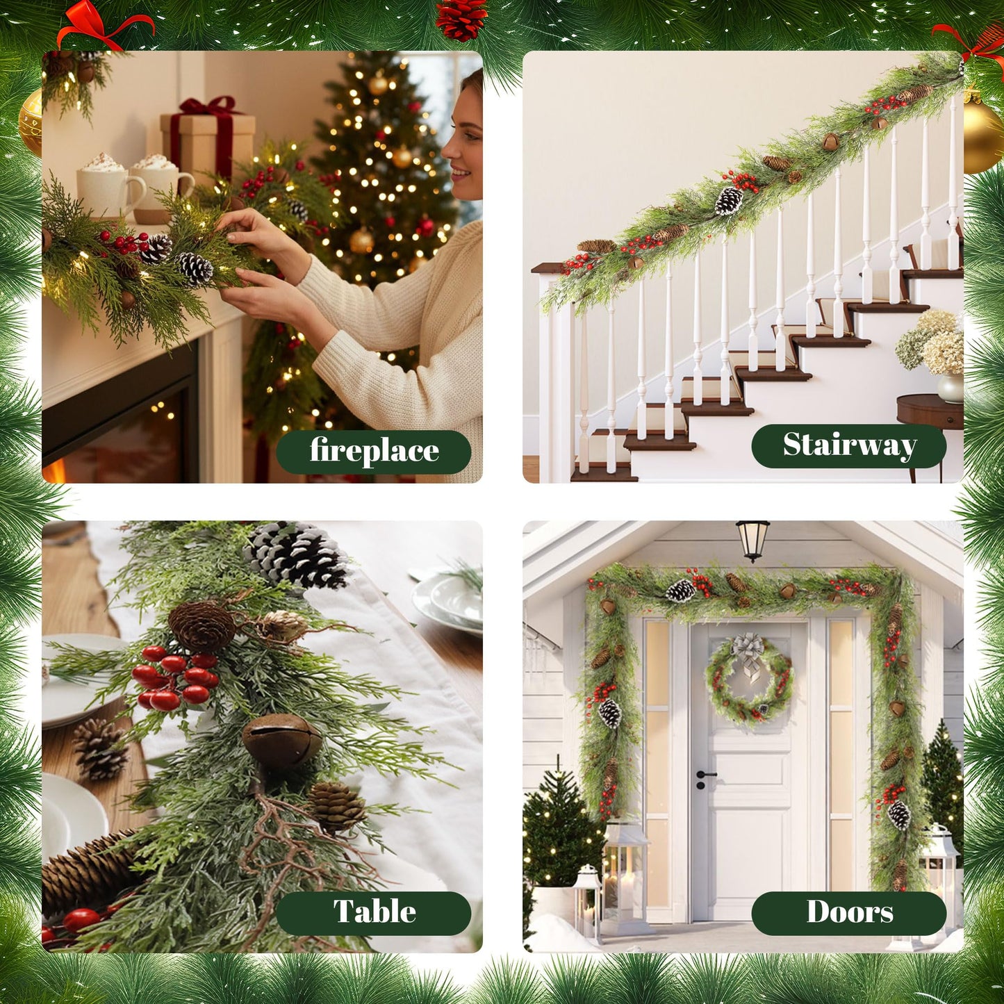 9FT Christmas Cedar Garland with Lights,Artificial Realistic Battery Operated Green Garland Christmas Decorations for Home Mantel Stairs Railing Dining Table Winter Decor