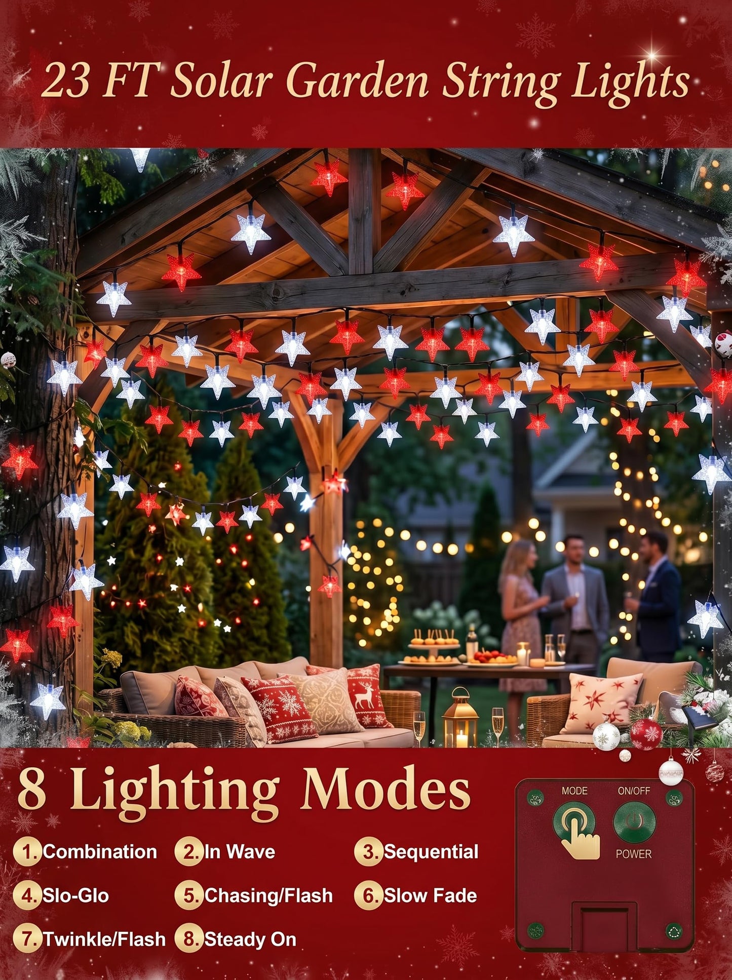 Serpouliom Christmas Stars String Lights Solar Star Twinkle Lights 23FT 50LED 8 Modes Solar Powered Fairy Decorative Light Waterproof Lights for Gardens Lawn Patio Party Decor(Red&White, 1 Pack Star)