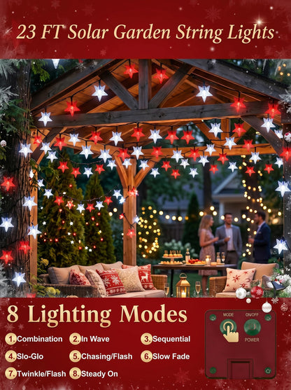 Serpouliom Christmas Stars String Lights Solar Star Twinkle Lights 23FT 50LED 8 Modes Solar Powered Fairy Decorative Light Waterproof Lights for Gardens Lawn Patio Party Decor(Red&White, 1 Pack Star)
