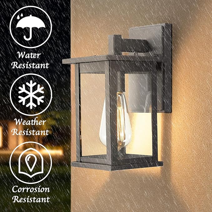 Bestshared Outdoor Wall Sconce, Anti-Rust Outdoor Wall Mounted Light, Black Carriage Lantern Lamp, Outside Porch Light,Exterior Lighting Fixture with Clear Glass for Home, Garage (Black, 2 Pack)