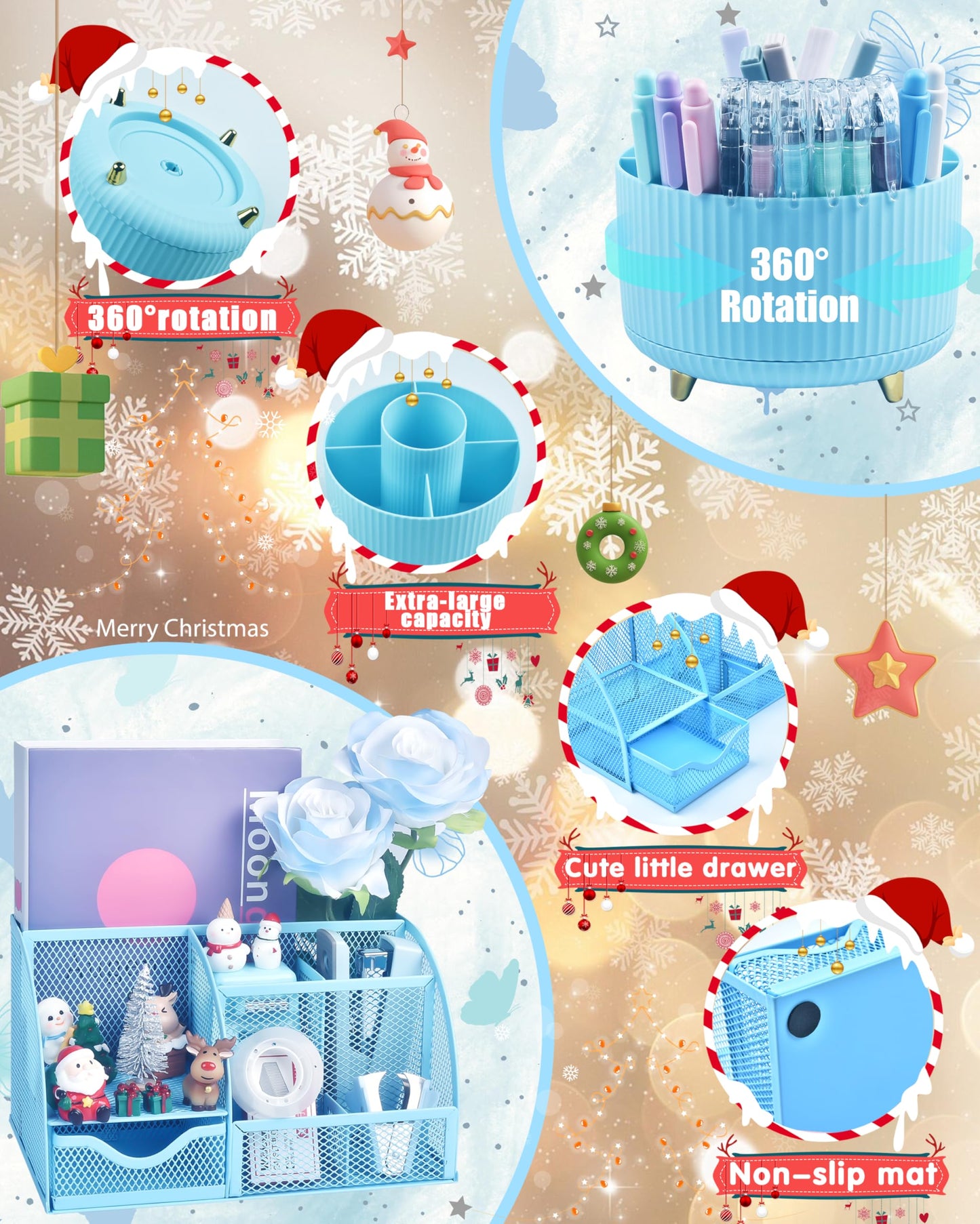 LXEVIHK 20Pcs Blue Desk Organizers and Accessories With Mesh Desk Organizer and 360°Rotating Pen Holder and a Lot of Office Blue Office Supplies Beautifully Presented in a Gift Box