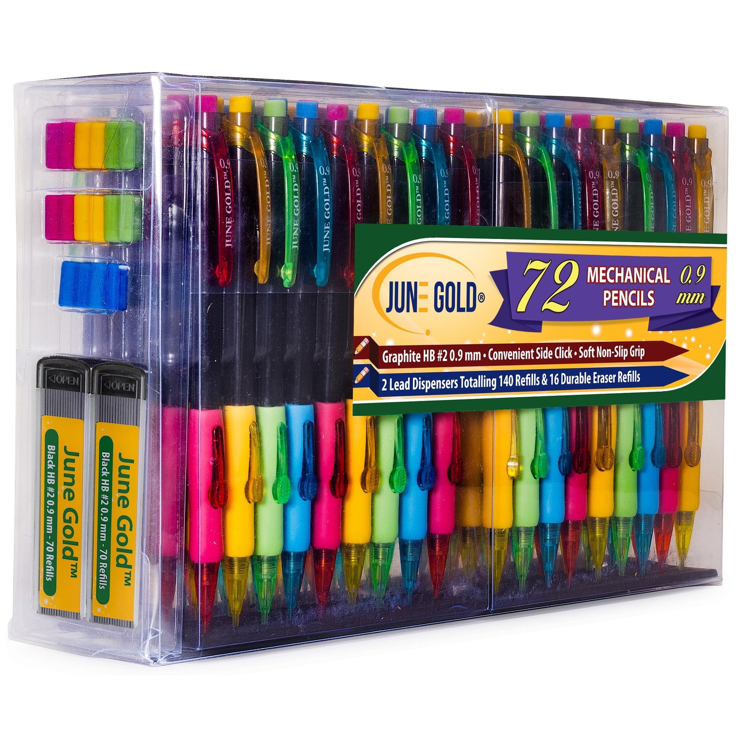 June Gold 72 Mechanical Pencils, 0.9 mm HB #2 Lead, 2 Dispensers/w 160 Graphite Refills & 16 Refill Erasers, Break Resistant Lead, Convenient Side Click & Soft Non-Slip Grip