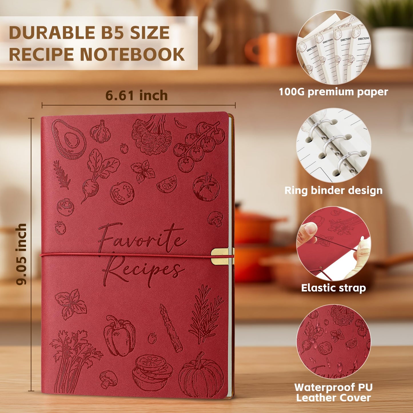 MOOROL Blank Recipe Book Binder to Write in Your Own Recipes,Water Proof Leather Recipe Journal Notebook,Make your Own Favorite Cookbook(Burgundy)
