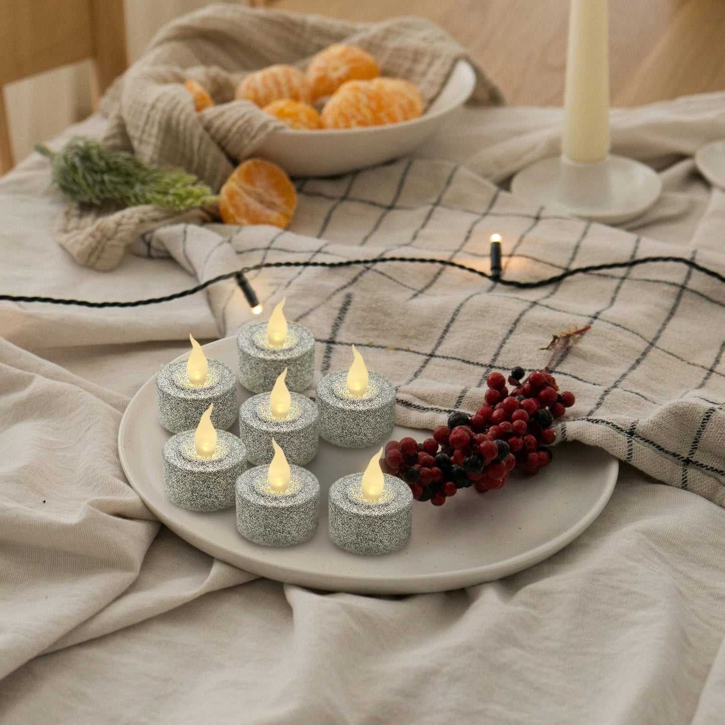 FURORA LIGHTING Silver Glitter Flameless Tealights - 1.45" W x 1.57" H, 12-Pack, Batteries Included