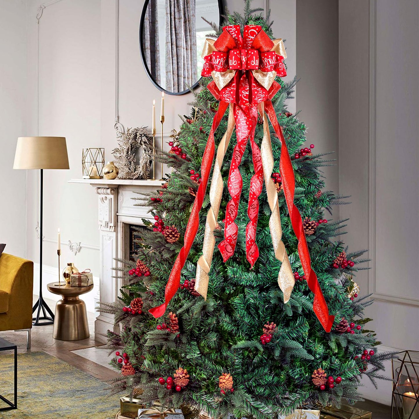 Christmas Tree Topper Christmas Wreath Bow 45"x12" Large Christmas Toppers Bow with Letter Patterned for Xmas Tree Rustic Farmhouse Home Holiday Party Decorations Red