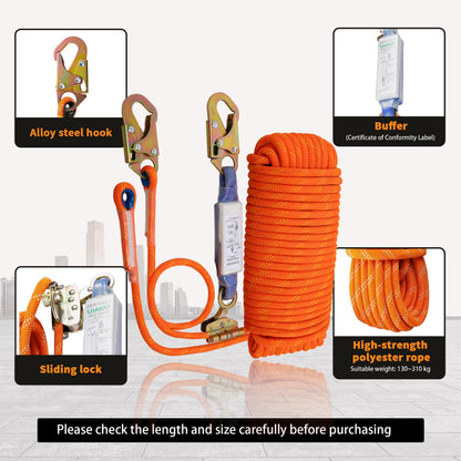 Fall Protection Safety Rope 50ft Heavy Duty Vertical Roofing Grab Snap Hook Shock Absorber Fall Protection Line Kit Restraint System Roofing Safety Equipment (50FT)