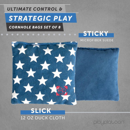 Play Platoon Professional Cornhole Bags - All Weather Dual Sided Corn Hole Bags Set of 8 - Improved Regulation American Flag Bean Bag for Cornhole Game - 4 Stars & 4 Stripes