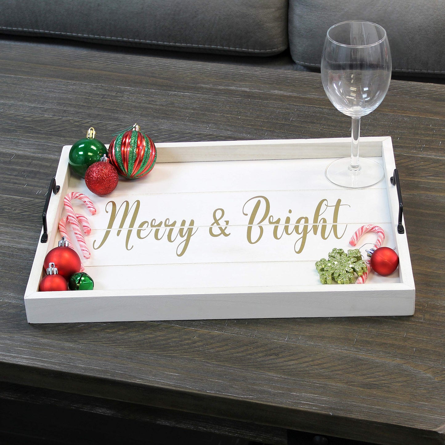 Elegant Designs HG2000-WMB Christmas Decoration 15.50" x 12", Decorative Wood Serving Tray w/Handles, White Wash Merry & Bright