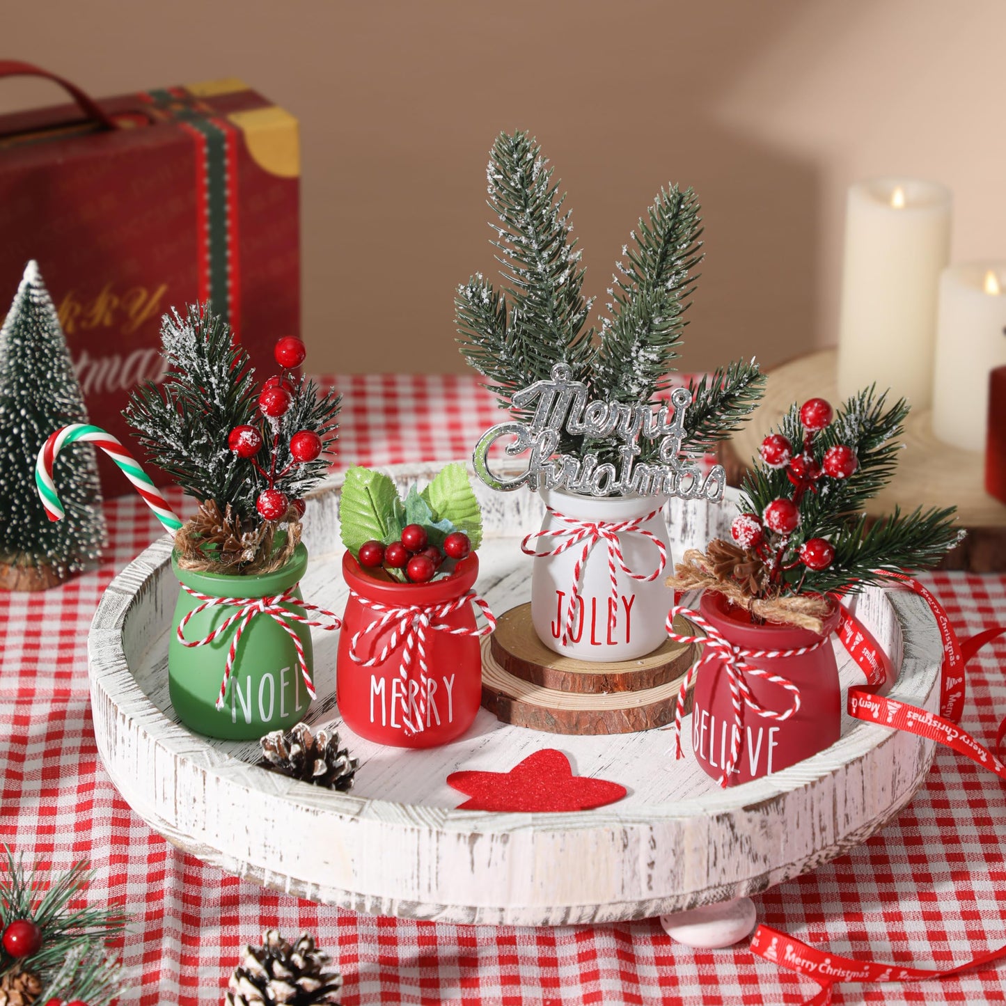 Christmas Mini Mason Jars, Winter Tiered Tray Decor, 4Pcs Holiday Farmhouse Decor Xmas Table Centerpieces Noel Merry & Jolly Decor for Home, Desk, Shelves, Christmas Gift