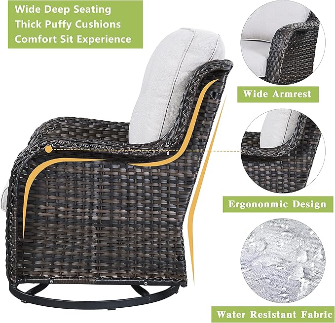 Rilyson Wicker Rocking Chair Swivel Chairs – 6 Piece Rocker Patio Furniture Set Rattan Rocking Bistro Sets with Glass Top Side Table for Outdoor Porch Deck Garden Backyard(Brown/Beige)
